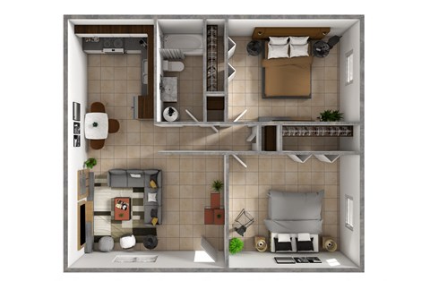 Floor plan for 2 beds, 1 bath, 900 sqft